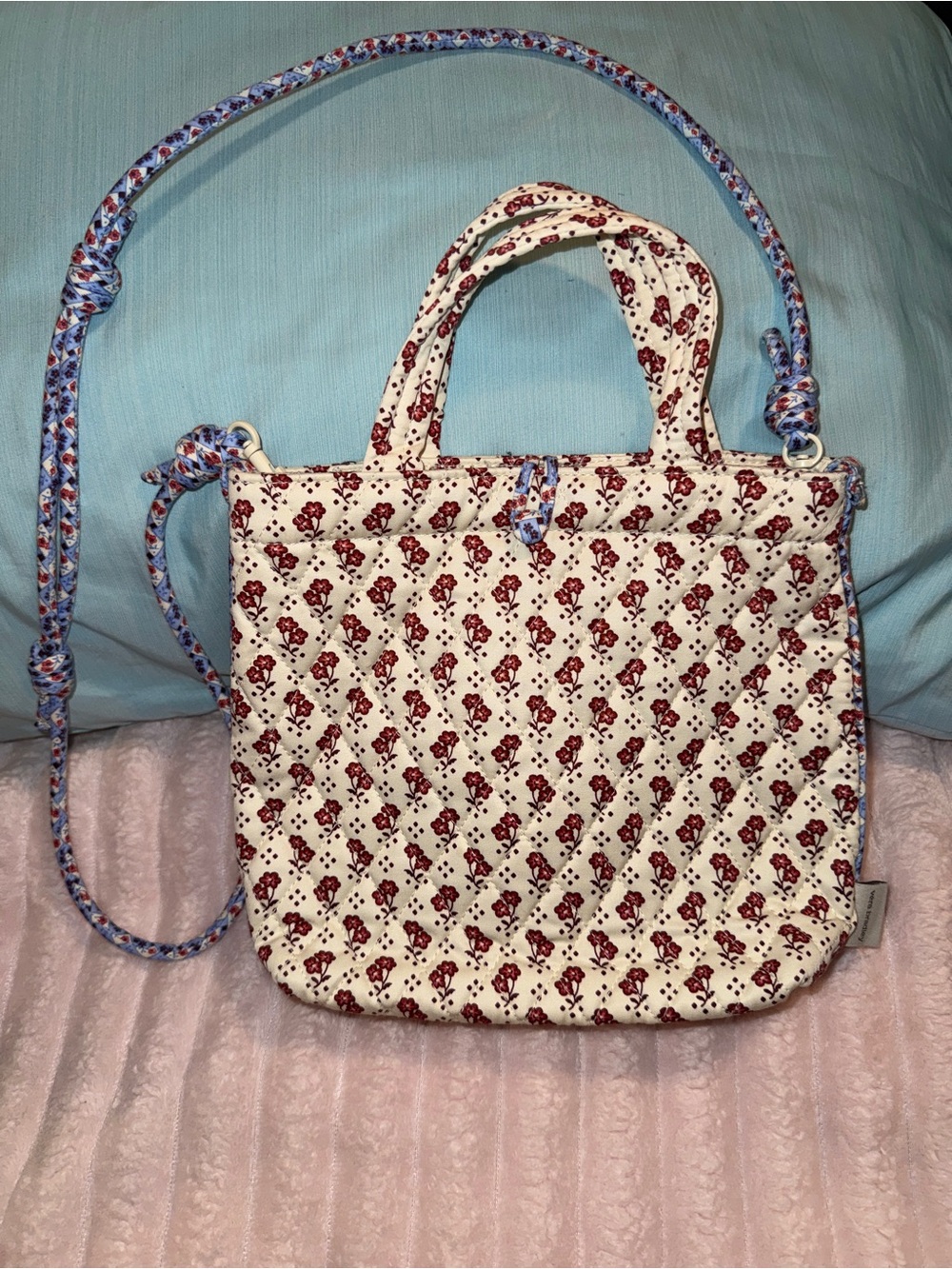 Vera Bradley White Crossbody with Red Floral Print and Blue Strap